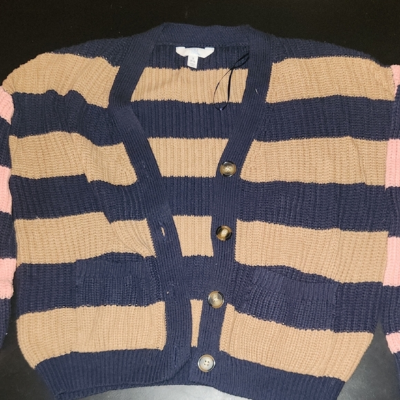 Navy and Tan Striped Cardigan Sweater - Picture 1 of 7